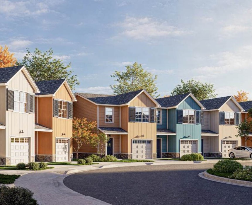 Street view of the build-to-rent townhome community in Wake Forest, North Carolina