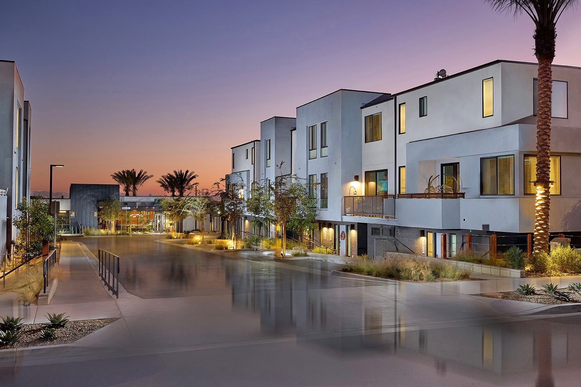 Build-to-rent townhome community at dusk