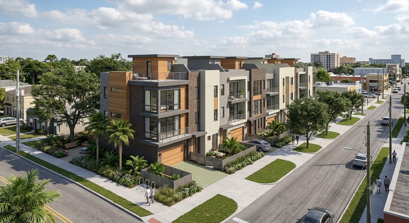 Aerial rendering of a 10-unit urban infill development in Orlando, acquired out of foreclosure