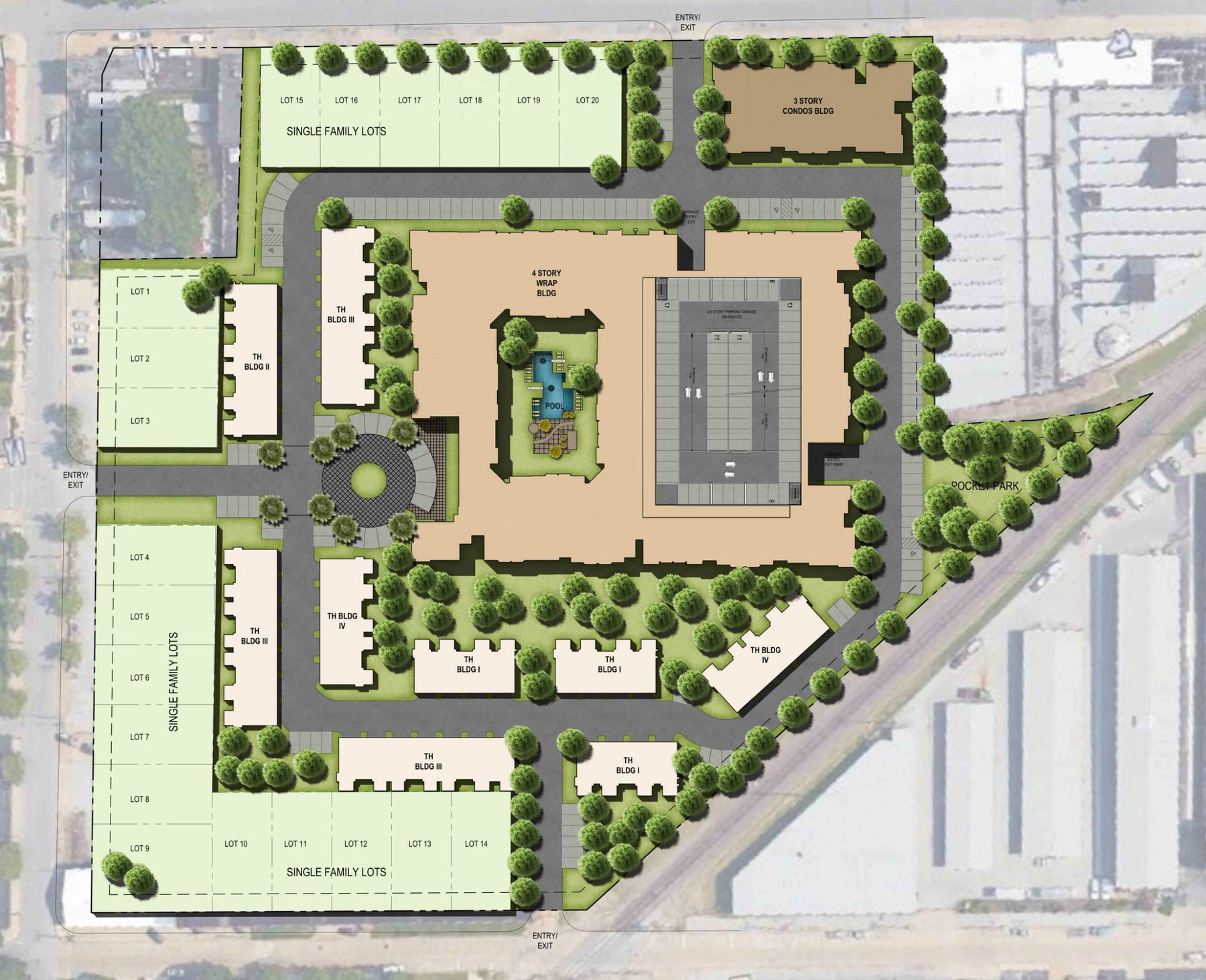 Aerial site plan for a mixed-use infill development with single-family lots, townhome buildings, a wrap building, and a condo building, Orlando, FL