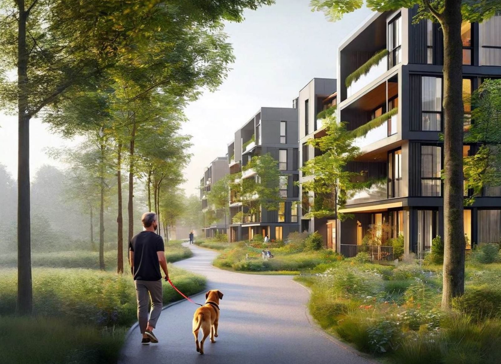 Concept rendering of an apartment building along a landscaped path through the Waypoint site