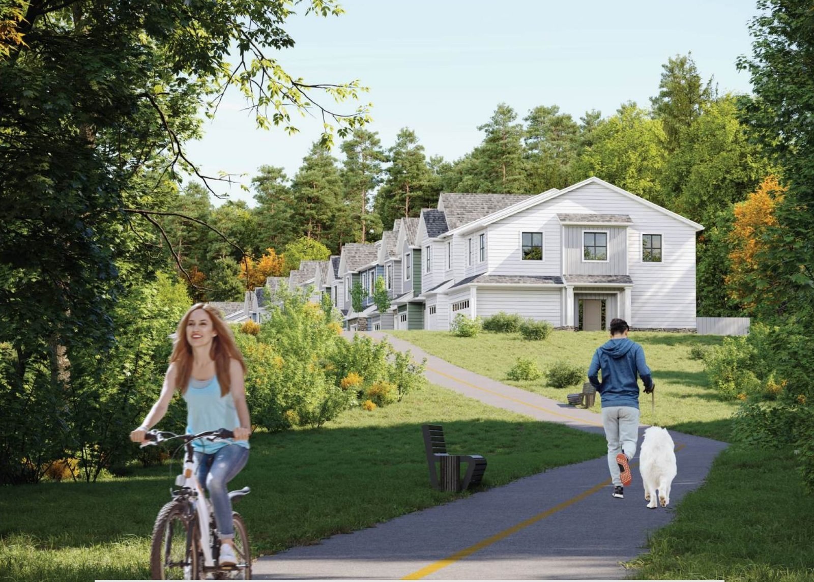 Concept rendering of a townhome-lined path through the Waypoint site